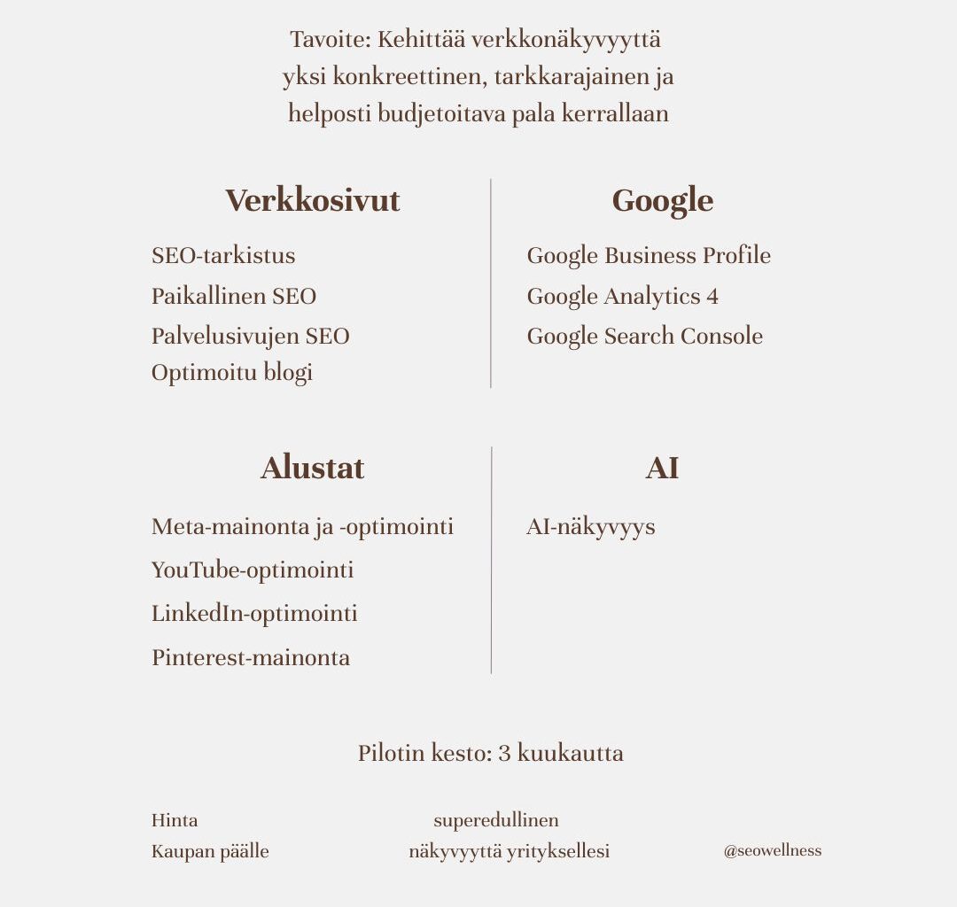 SEOwell Pilottipalvelut listattuna.