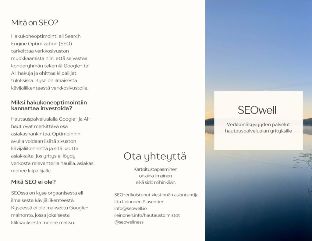 SEOwell SEO-palvelut esitteen etusivu.