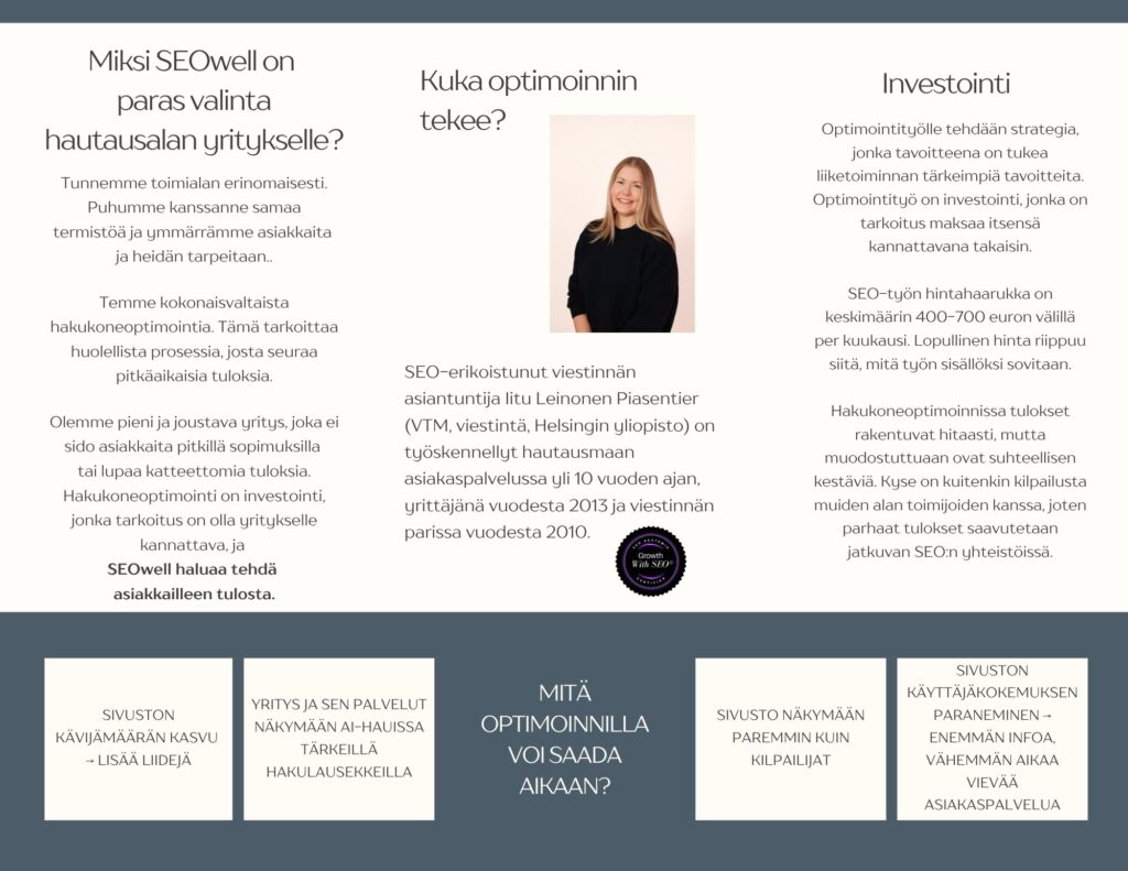 SEOwell SEO-palvelut esitteen takasivu.
